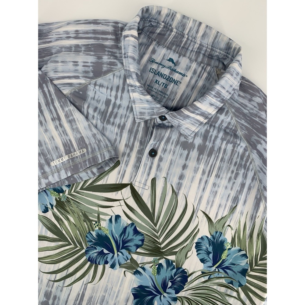 Tommy Bahama Polo Shirt Mens XL Blue Gray Floral Islandzone Performance‎ UPF 30